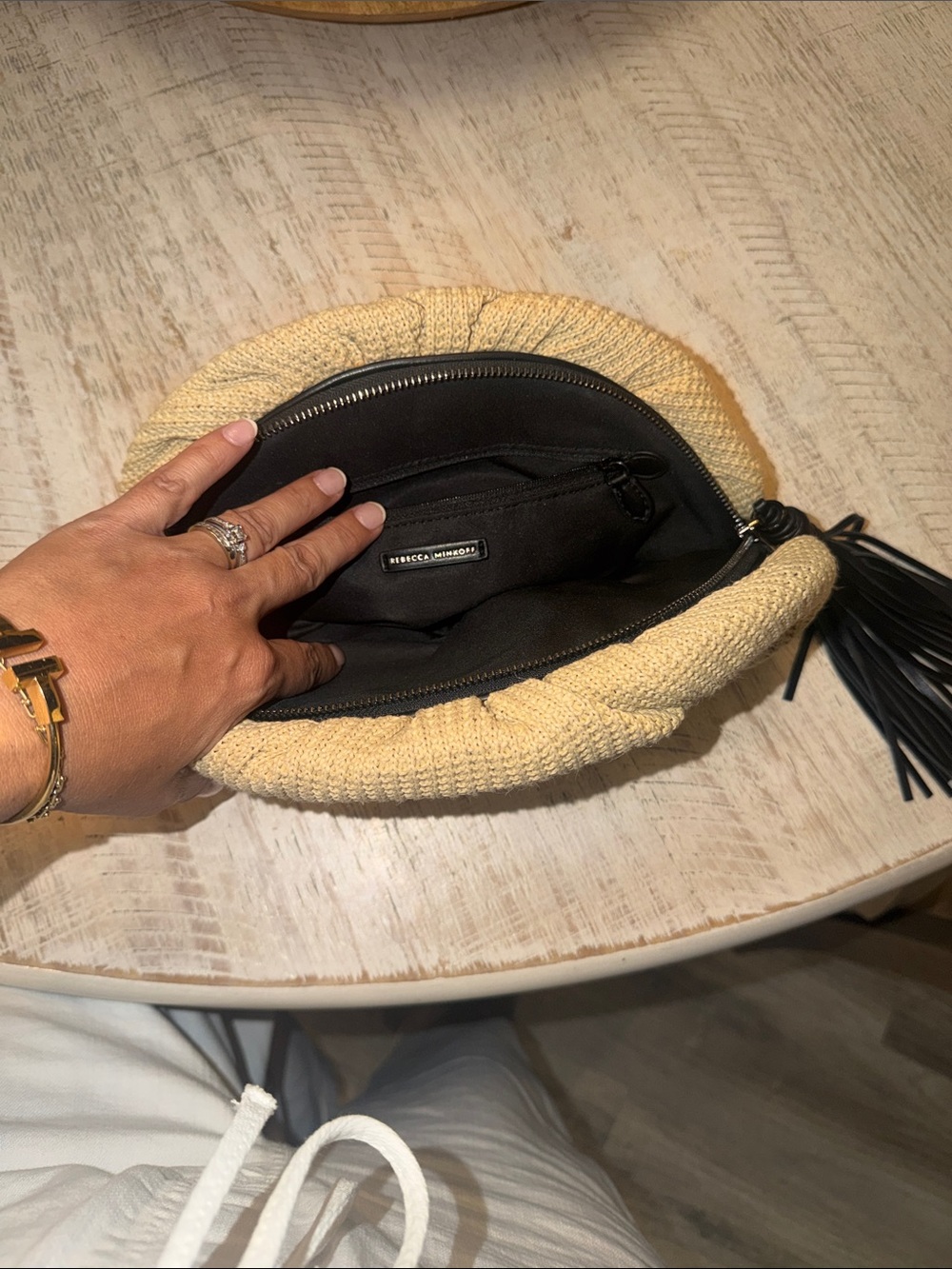 Rebecca Minkoff Straw Round Tassel Clutch in Cream. Can be used as cosmetic bag